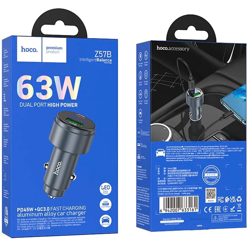Автомобільний зарядний пристрій HOCO Z57B Glorious 1xUSB-A, 1xUSB-C, PD45W, QC3.0 Metal Gray (6942007633161)