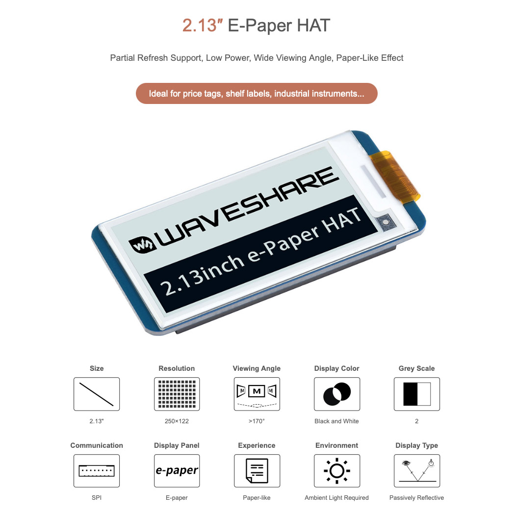 Дисплей WAVESHARE 2.13" e-Paper HAT для Raspberry Pi (WAV-12915)