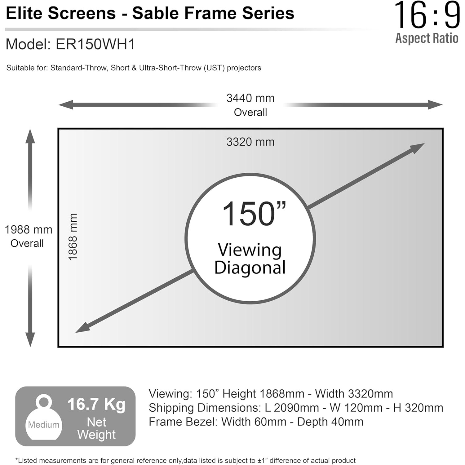 Проекційний екран фіксований ELITE SCREENS Sable Frame ER150WH1 344x199см