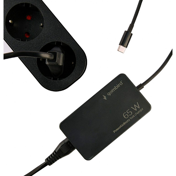 Зарядний пристрій GEMBIRD 1xUSB-C, PD 65W+QC 28W Black w/USB-C cable (NPA-AC-PDQC65-01)