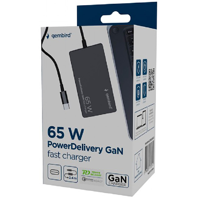 Зарядний пристрій GEMBIRD 1xUSB-C, PD 65W+QC 28W Black w/USB-C cable (NPA-AC-PDQC65-01)