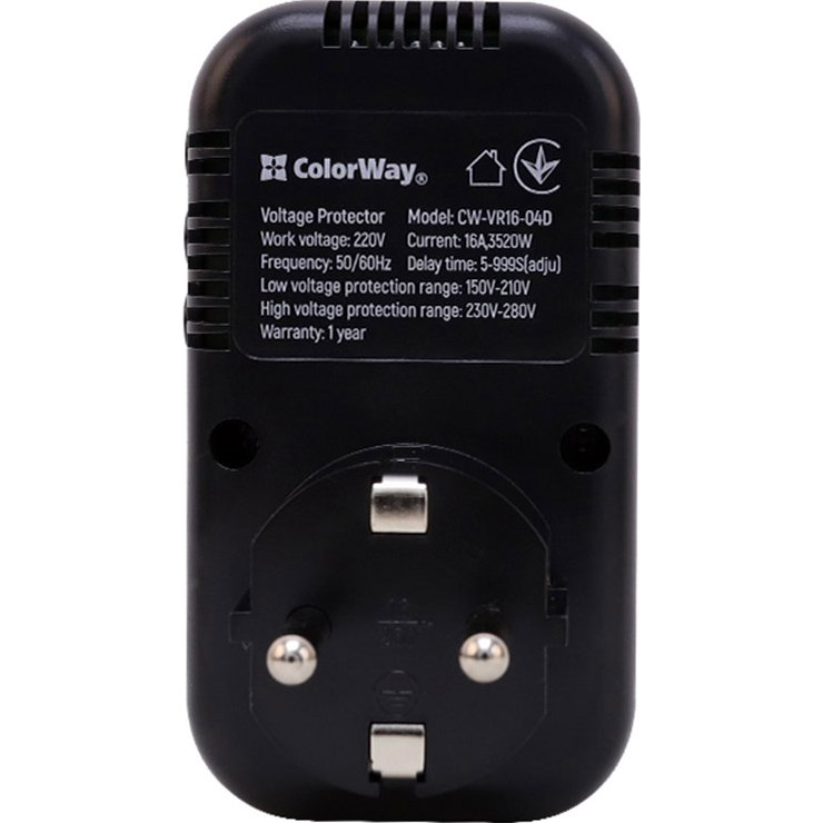Реле контролю напруги в розетці COLORWAY 16A/3680W, 150V-210V/230V-280V DS4 (CW-VR16-04D)