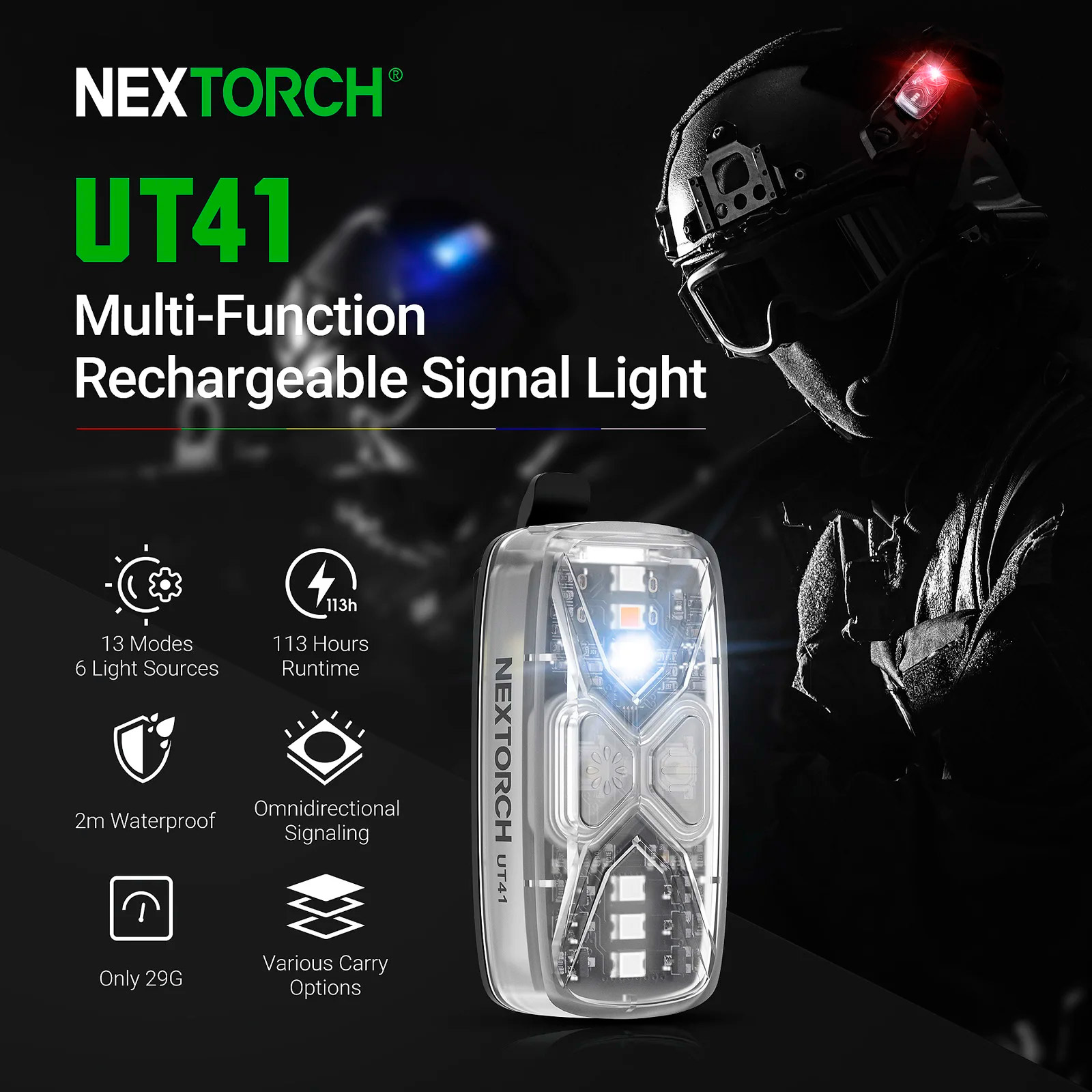 Фонарь тактический на шлем NEXTORCH UT41 Multi-Function Rechargeable Signal Light