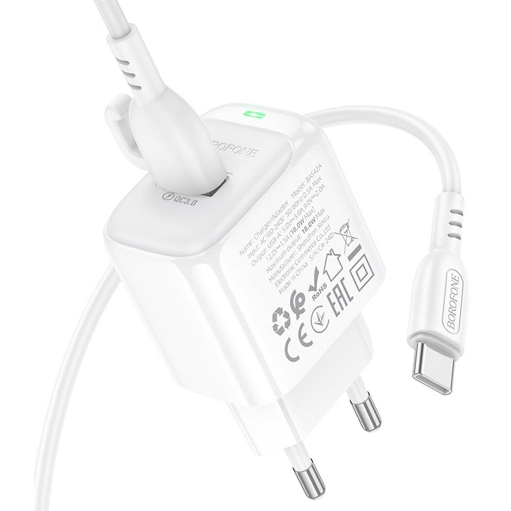 Зарядний пристрій BOROFONE BAS42A Potential 1xUSB-A, QC3.0, 18W White w/Type-C cable