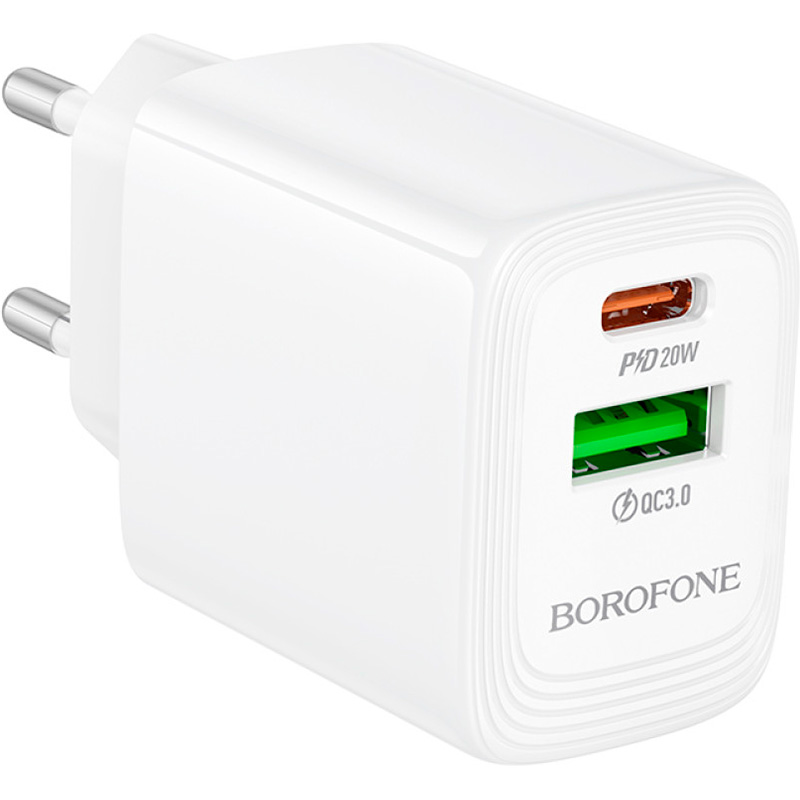 Зарядний пристрій BOROFONE BN27 Fuente GaN 1xUSB-C, 1xUSB-A, PD20W, QC3.0 White