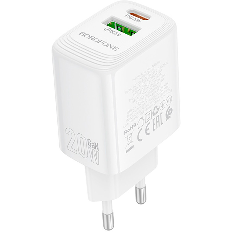 Зарядний пристрій BOROFONE BN27 Fuente GaN 1xUSB-C, 1xUSB-A, PD20W, QC3.0 White