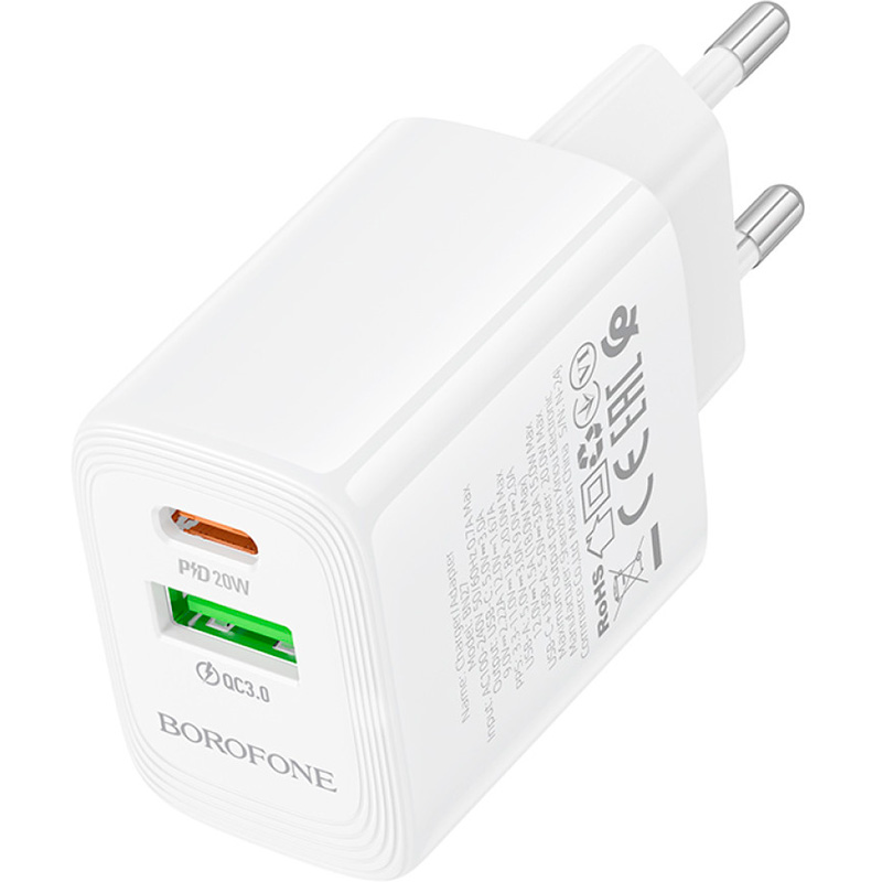 Зарядний пристрій BOROFONE BN27 Fuente GaN 1xUSB-C, 1xUSB-A, PD20W, QC3.0 White