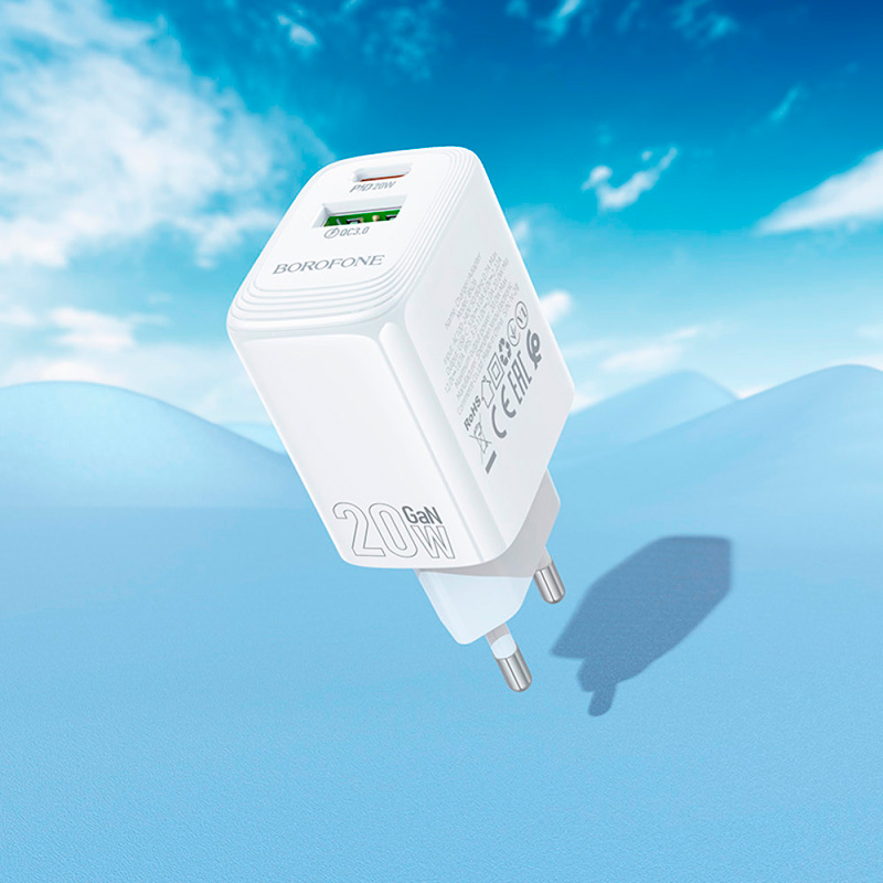 Зарядний пристрій BOROFONE BN27 Fuente GaN 1xUSB-C, 1xUSB-A, PD20W, QC3.0 White