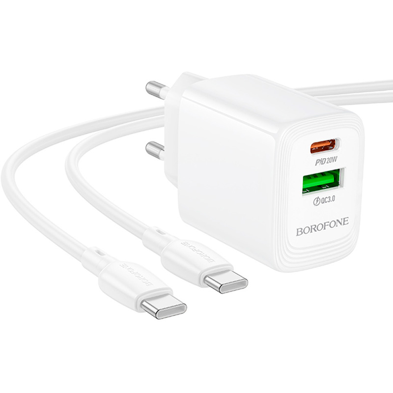 Зарядний пристрій BOROFONE BN27 Fuente GaN 1xUSB-C, 1xUSB-A, PD20W, QC3.0 White w/Type-C cable