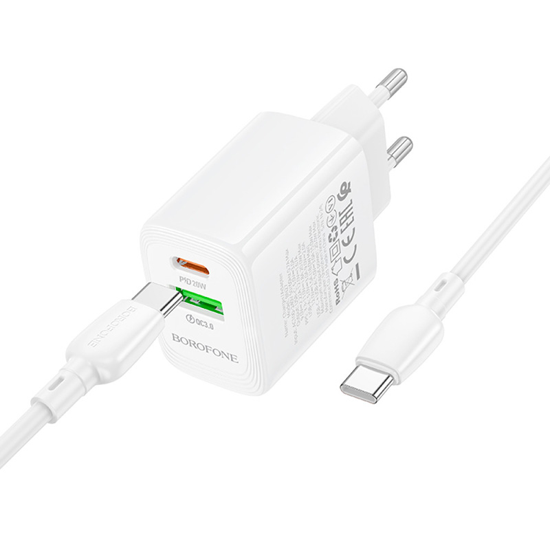 Зарядний пристрій BOROFONE BN27 Fuente GaN 1xUSB-C, 1xUSB-A, PD20W, QC3.0 White w/Type-C cable