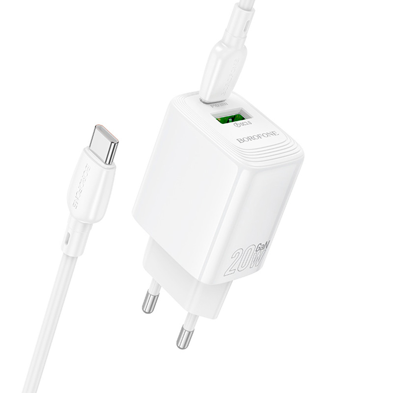 Зарядний пристрій BOROFONE BN27 Fuente GaN 1xUSB-C, 1xUSB-A, PD20W, QC3.0 White w/Type-C cable