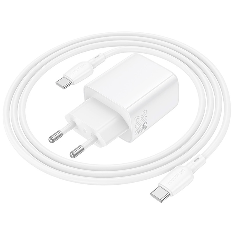 Зарядний пристрій BOROFONE BN27 Fuente GaN 1xUSB-C, 1xUSB-A, PD20W, QC3.0 White w/Type-C cable