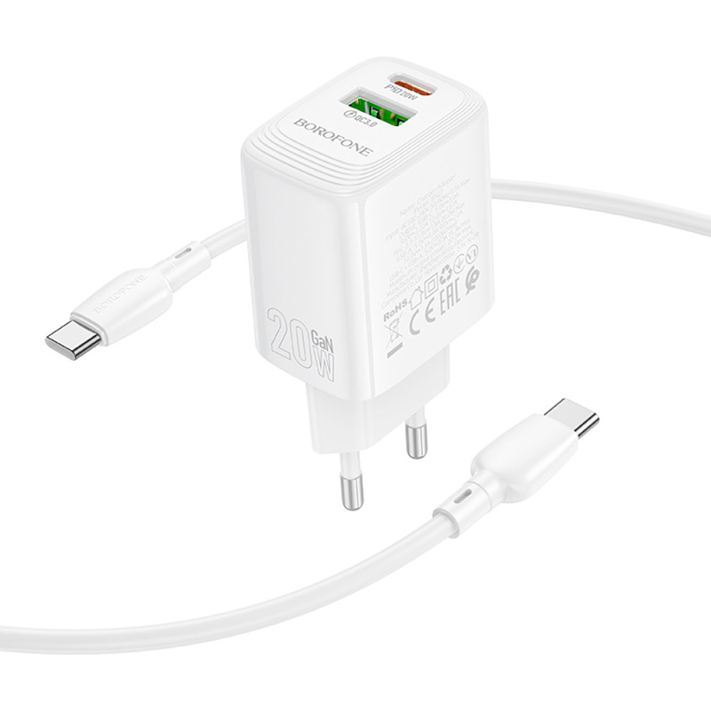 Зарядний пристрій BOROFONE BN27 Fuente GaN 1xUSB-C, 1xUSB-A, PD20W, QC3.0 White w/Type-C cable