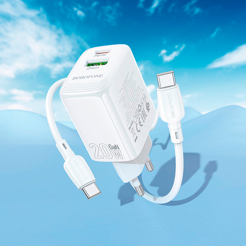 Зарядний пристрій BOROFONE BN27 Fuente GaN 1xUSB-C, 1xUSB-A, PD20W, QC3.0 White w/Type-C cable