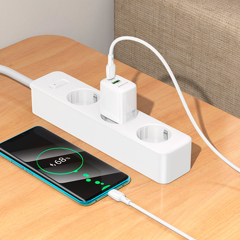 Зарядний пристрій BOROFONE BN27 Fuente GaN 1xUSB-C, 1xUSB-A, PD20W, QC3.0 White w/Type-C cable