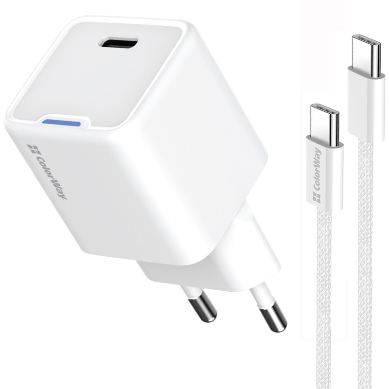 Зарядний пристрій COLORWAY GaN Mini 35W 1xUSB-C Fast Charging White w/Type-C cable (CW-CHS056PDC-WT)
