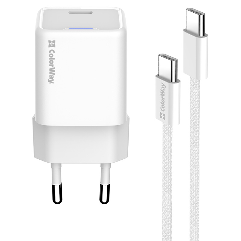 Зарядний пристрій COLORWAY GaN Mini 35W 1xUSB-C Fast Charging White w/Type-C cable (CW-CHS056PDC-WT)