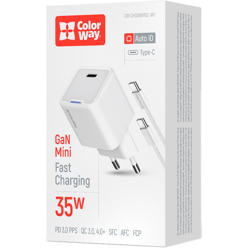 Зарядний пристрій COLORWAY GaN Mini 35W 1xUSB-C Fast Charging White w/Type-C cable (CW-CHS056PDC-WT)