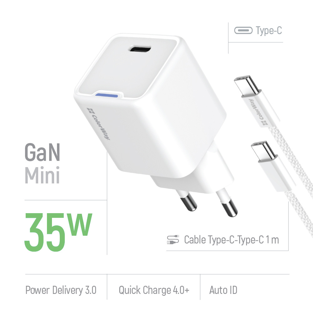 Зарядний пристрій COLORWAY GaN Mini 35W 1xUSB-C Fast Charging White w/Type-C cable (CW-CHS056PDC-WT)
