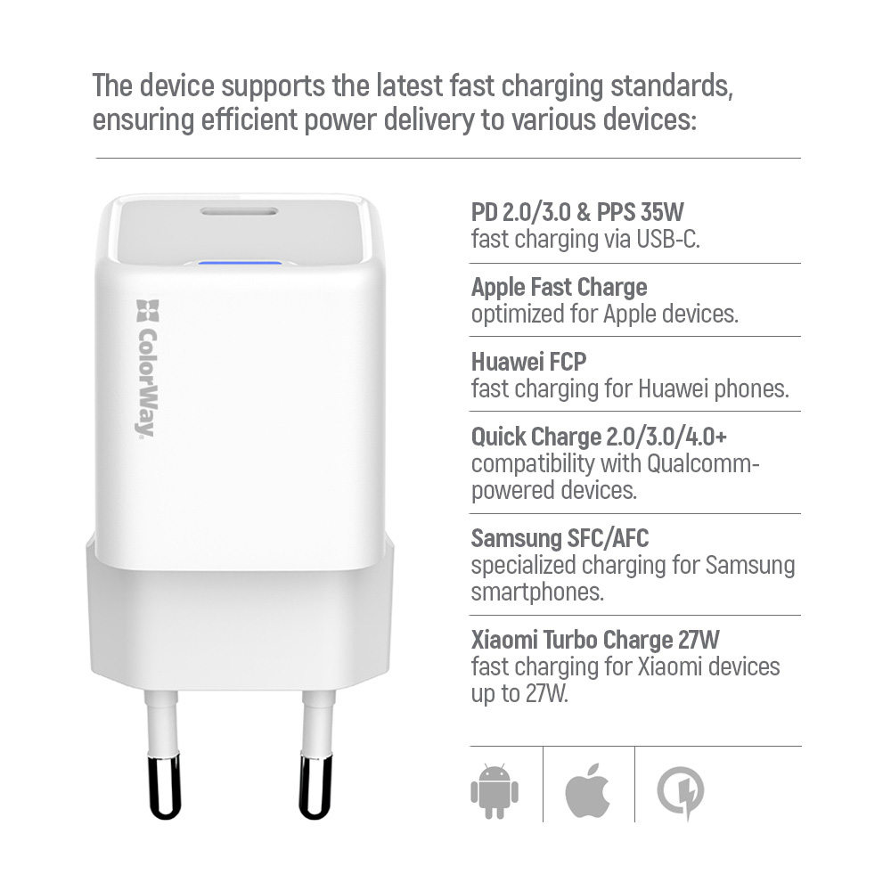 Зарядний пристрій COLORWAY GaN Mini 35W 1xUSB-C Fast Charging White w/Type-C cable (CW-CHS056PDC-WT)