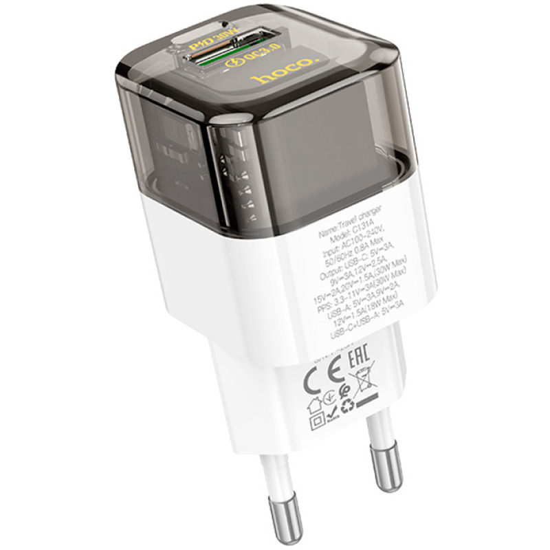 Зарядний пристрій HOCO C131A Platinum 1xUSB-C, 1xUSB-A, PD30W, QC3.0 Black (6942007609821)
