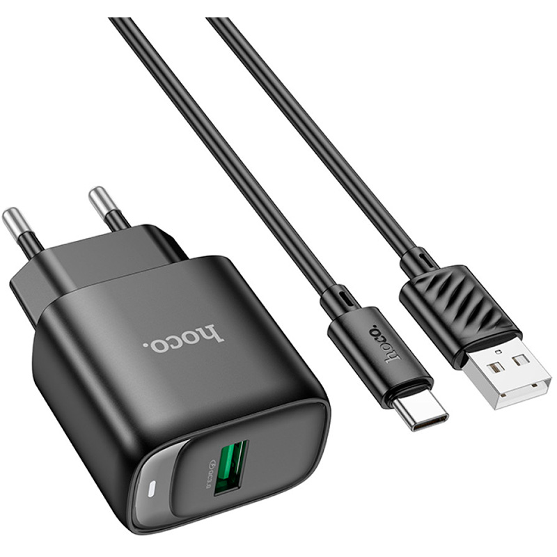 Зарядний пристрій HOCO C140A Smart 1xUSB-A, QC3.0, 18W Black w/Type-C cable (6942007627825)