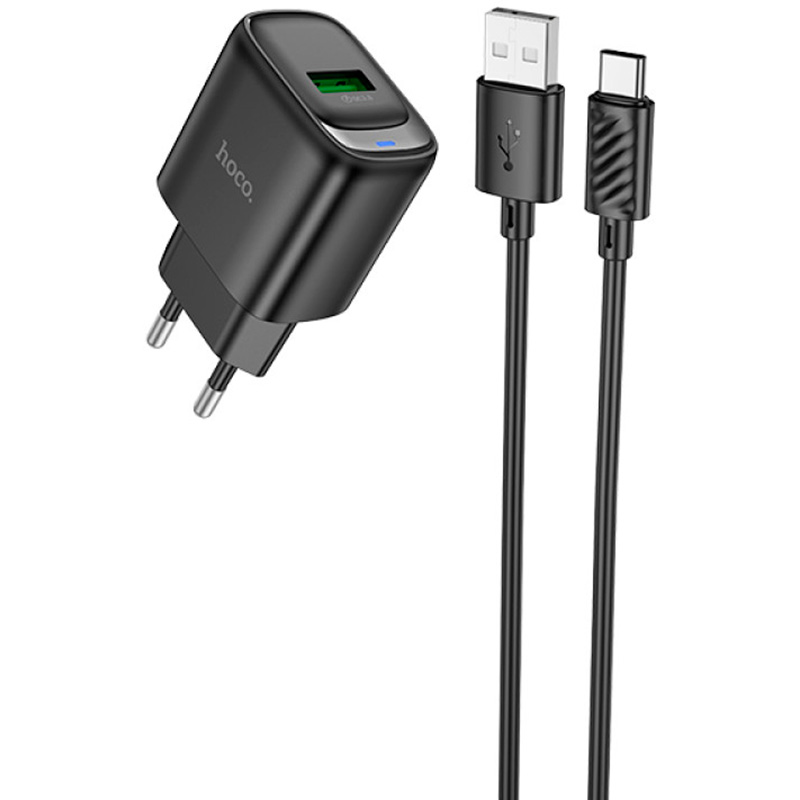 Зарядний пристрій HOCO C140A Smart 1xUSB-A, QC3.0, 18W Black w/Type-C cable (6942007627825)