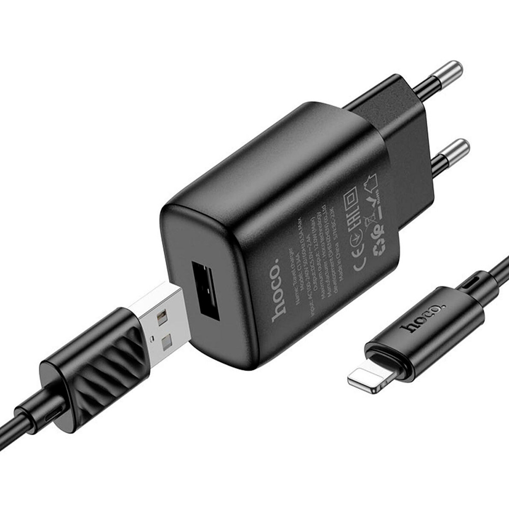 Зарядное устройство HOCO C134A Solid 1xUSB-A, 12W Black w/Lightning cable (6942007621311)