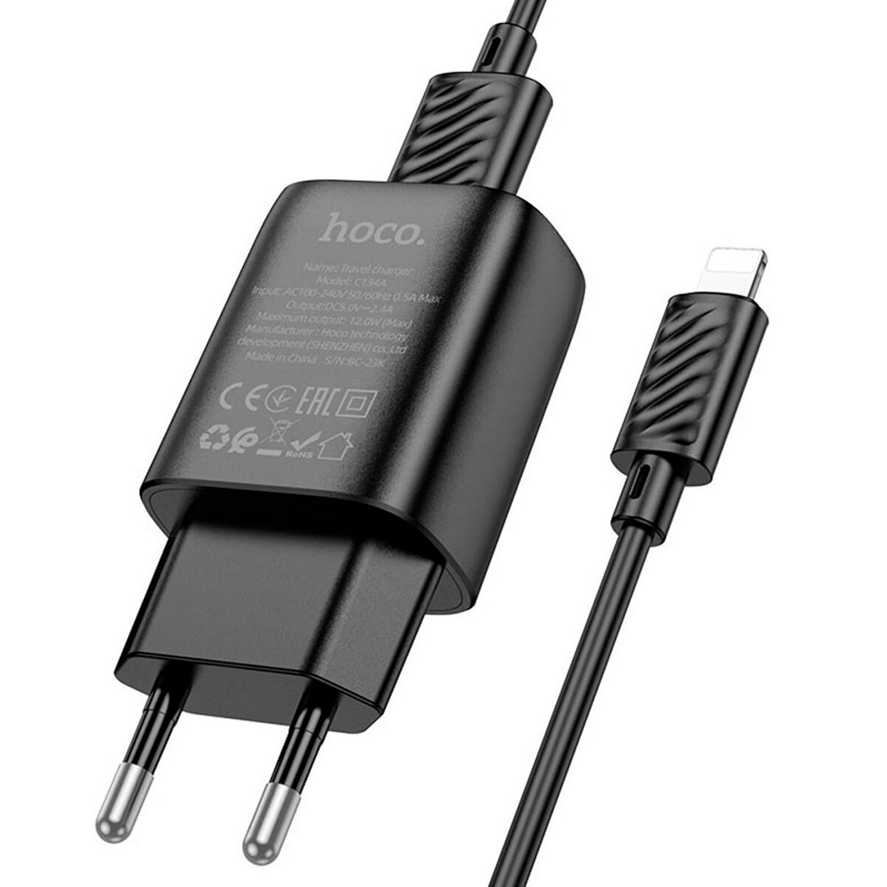 Зарядное устройство HOCO C134A Solid 1xUSB-A, 12W Black w/Lightning cable (6942007621311)