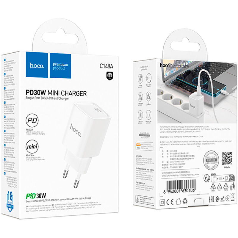 Зарядний пристрій HOCO C148A Charm 1xUSB-C, PD30W, QC3.0 White (6942007630306)