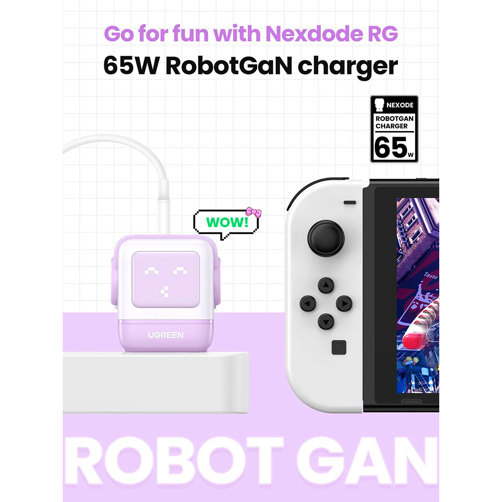 Зарядний пристрій UGREEN CD361 Nexode RG 65W 2xUSB-C, 1xUSB-A, Robot GaN Fast Charger Purple (35291)