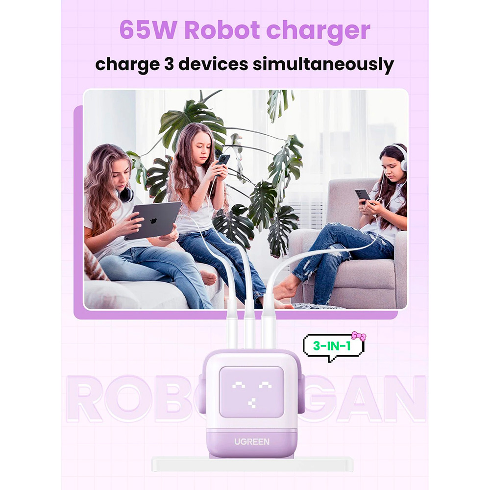 Зарядний пристрій UGREEN CD361 Nexode RG 65W 2xUSB-C, 1xUSB-A, Robot GaN Fast Charger Purple (35291)