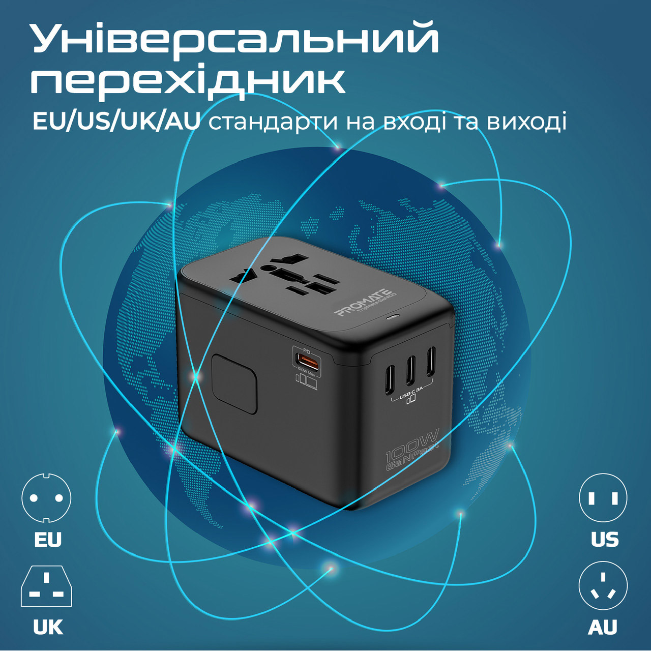 Універсальний зарядний пристрій PROMATE TripMate-GaN100 4xUSB-C, 1xUSB-A Black
