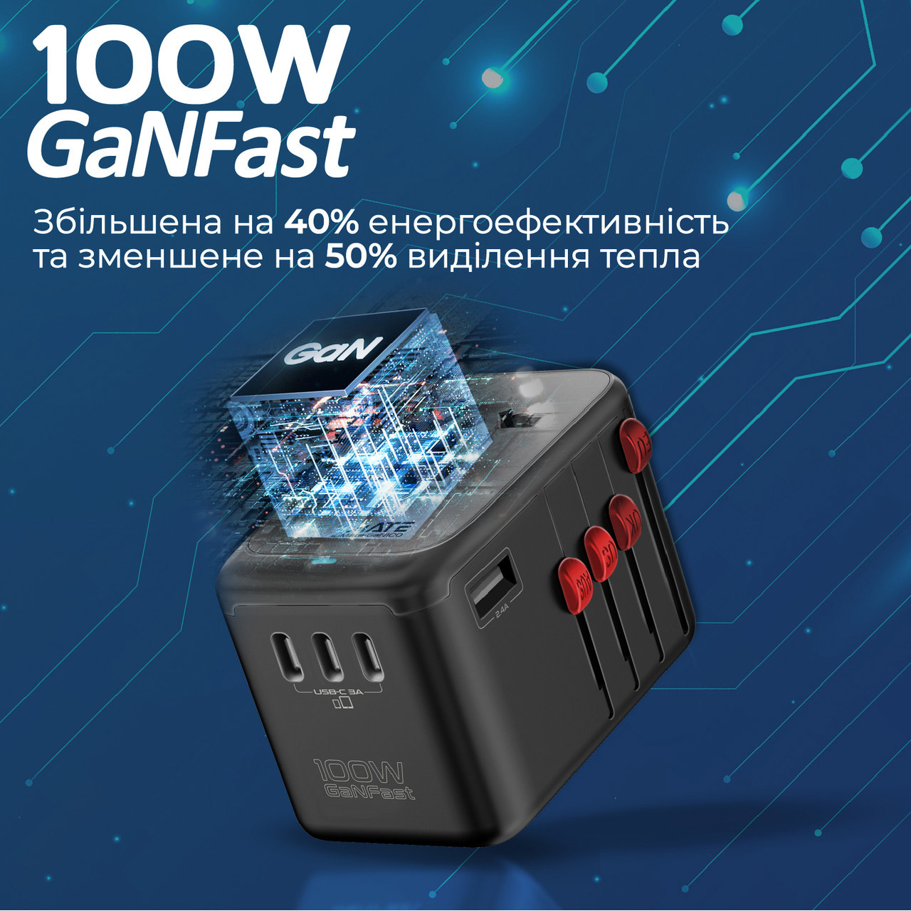 Універсальний зарядний пристрій PROMATE TripMate-GaN100 4xUSB-C, 1xUSB-A Black