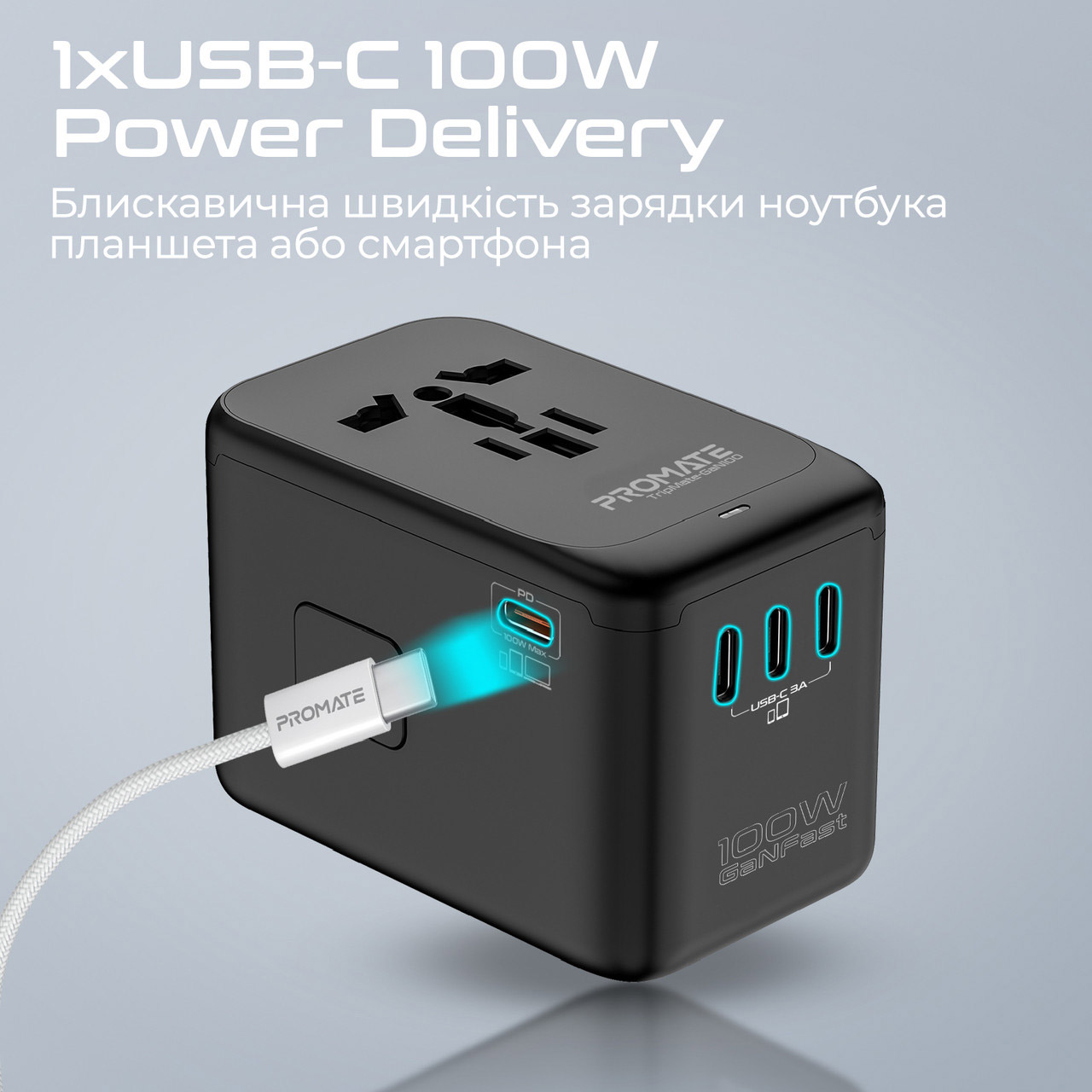 Універсальний зарядний пристрій PROMATE TripMate-GaN100 4xUSB-C, 1xUSB-A Black