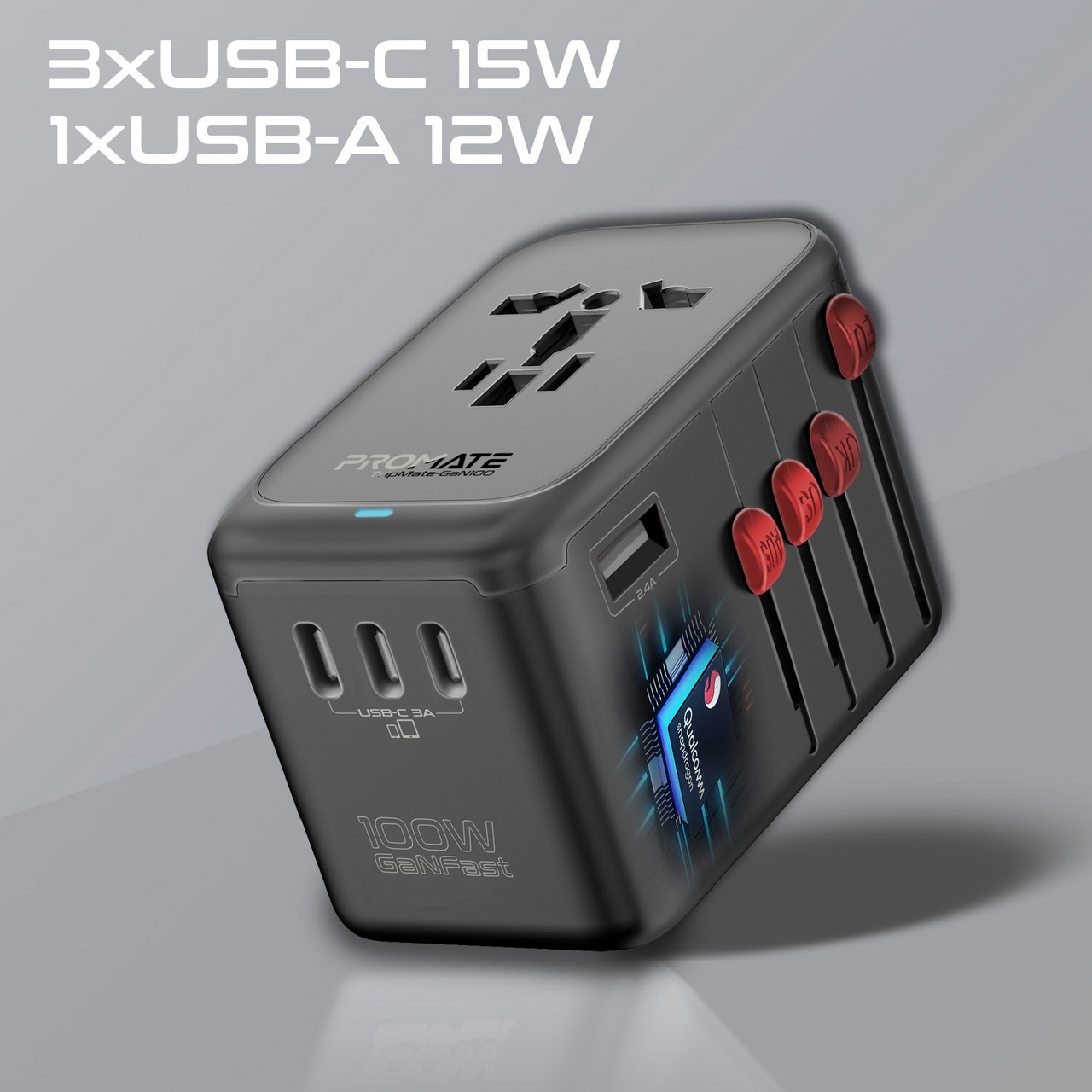 Універсальний зарядний пристрій PROMATE TripMate-GaN100 4xUSB-C, 1xUSB-A Black