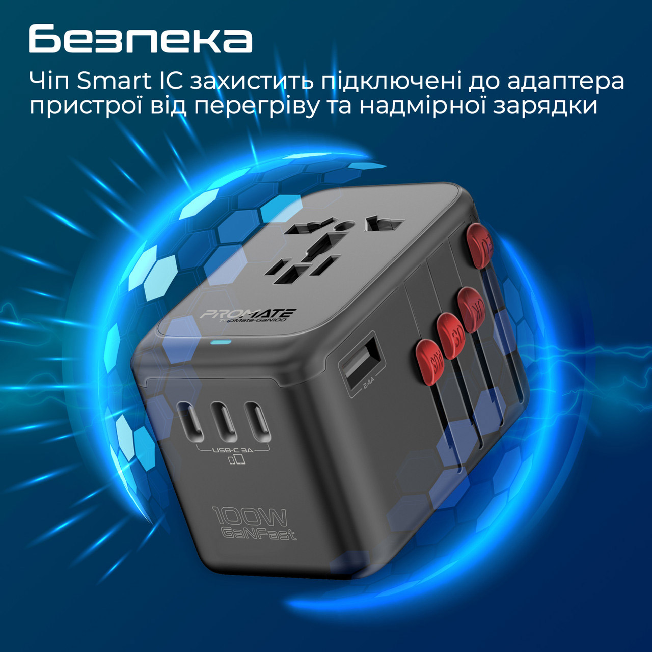 Універсальний зарядний пристрій PROMATE TripMate-GaN100 4xUSB-C, 1xUSB-A Black