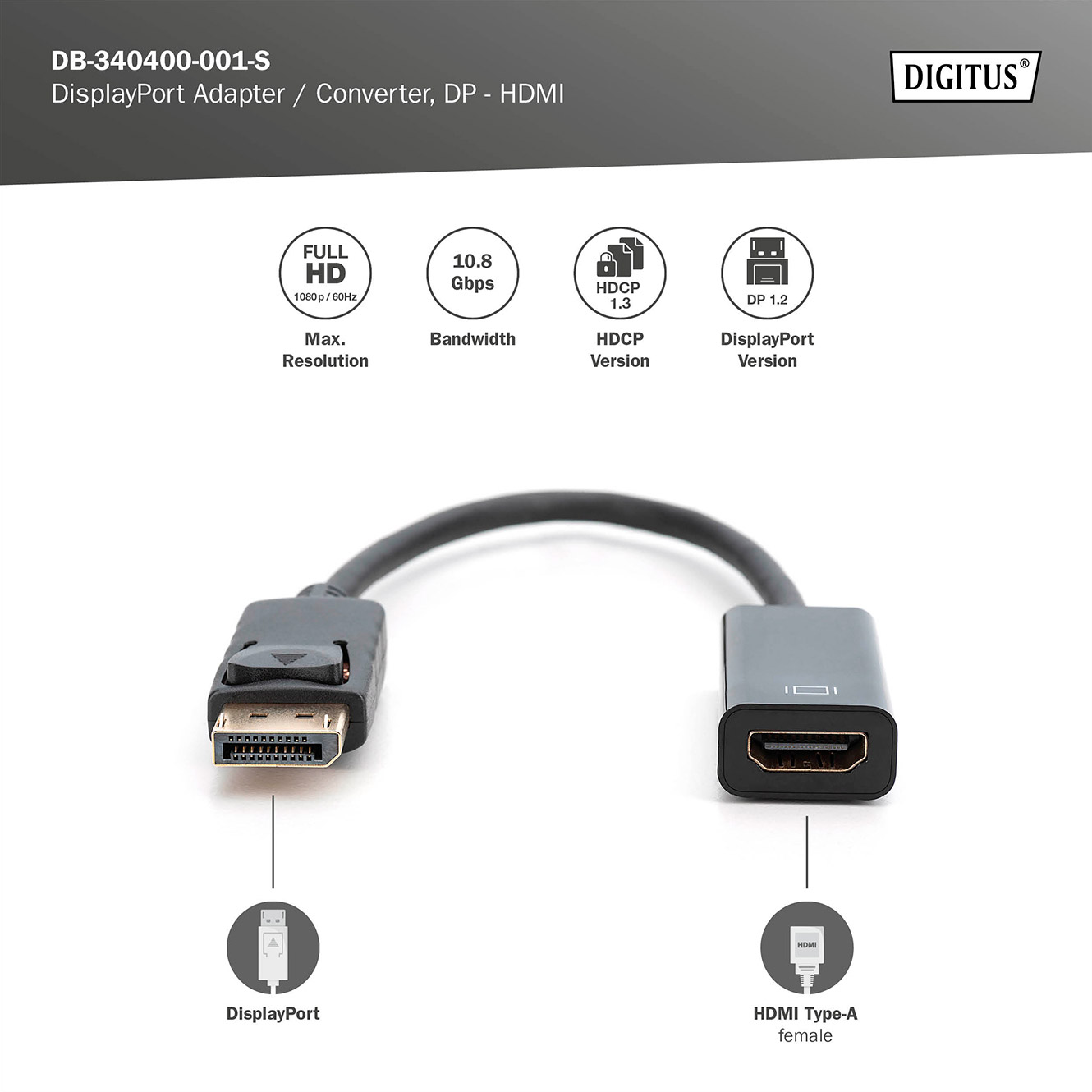 Адаптер DIGITUS DisplayPort Adapter/Converter DisplayPort - HDMI Black (DB-340400-001-S)