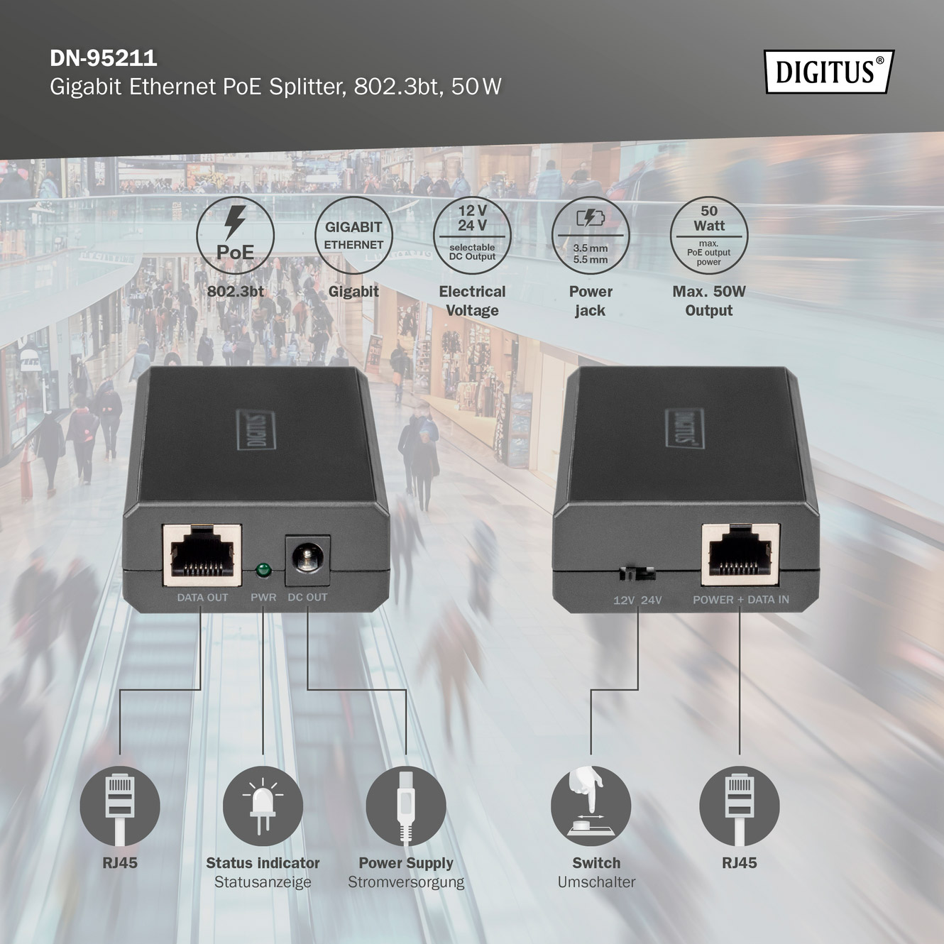 PoE спліттер DIGITUS Gigabit Ethernet PoE Splitter (DN-95211)