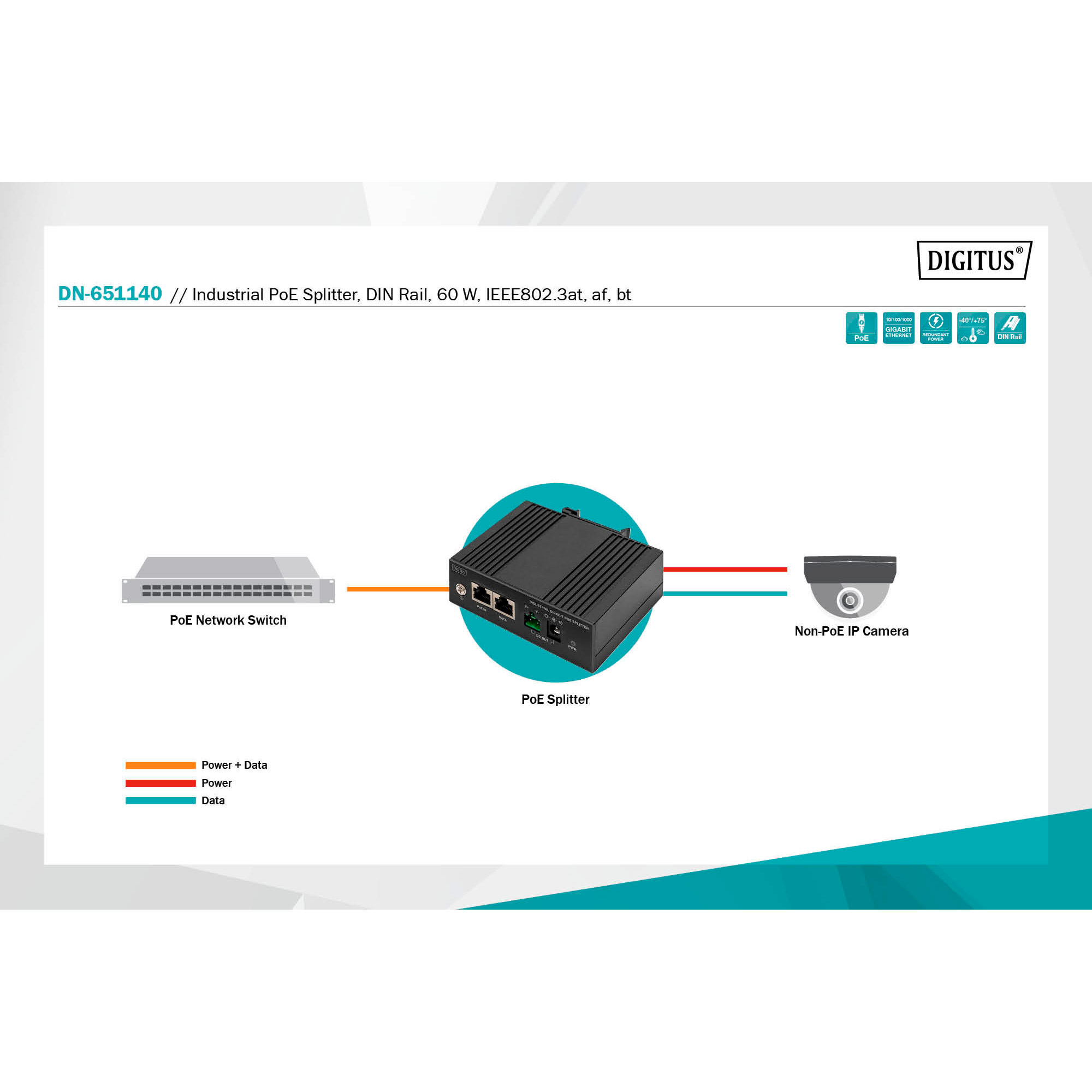 PoE спліттер DIGITUS Industrial Gigabit Ethernet PoE Splitter (DN-651140)