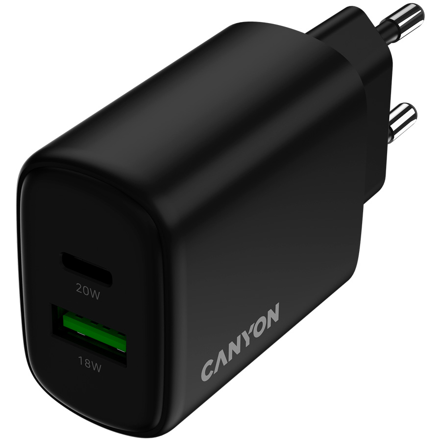 Зарядний пристрій CANYON OnCharge 200 1xUSB-A, 1xUSB-C, 20W Black (CNE-CHA200-31)