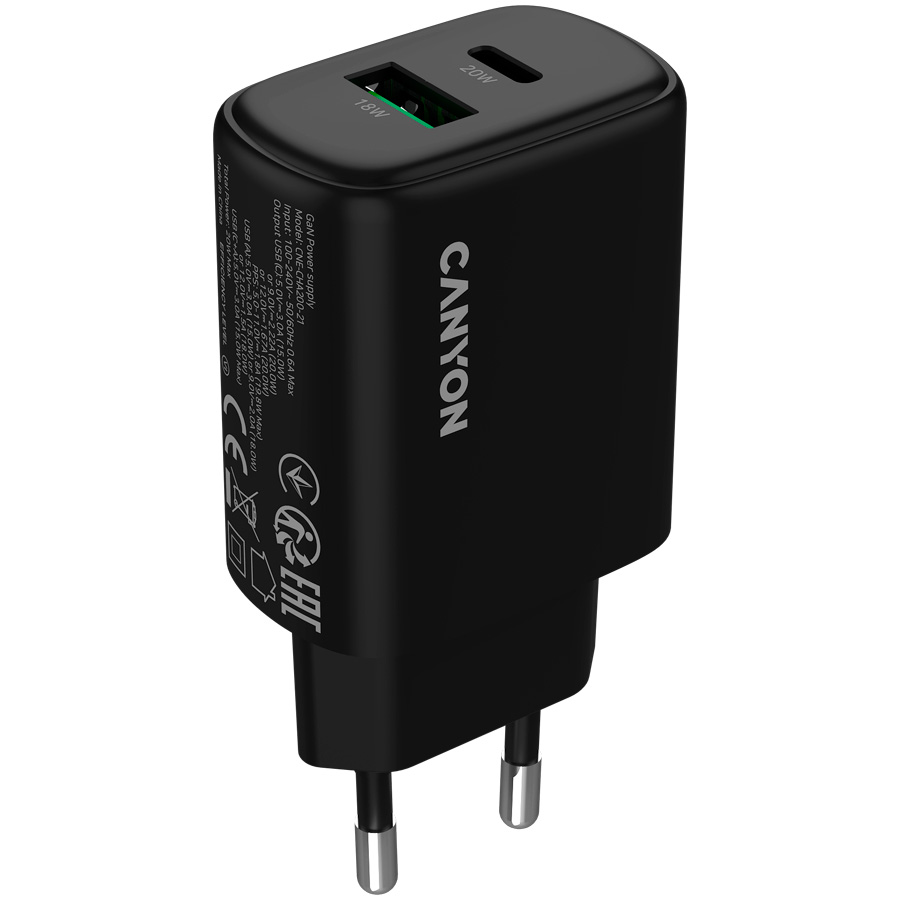 Зарядний пристрій CANYON OnCharge 200 1xUSB-A, 1xUSB-C, 20W Black (CNE-CHA200-31)