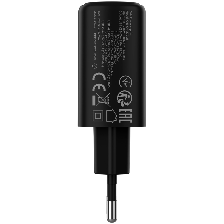 Зарядний пристрій CANYON OnCharge 200 1xUSB-A, 1xUSB-C, 20W Black (CNE-CHA200-31)