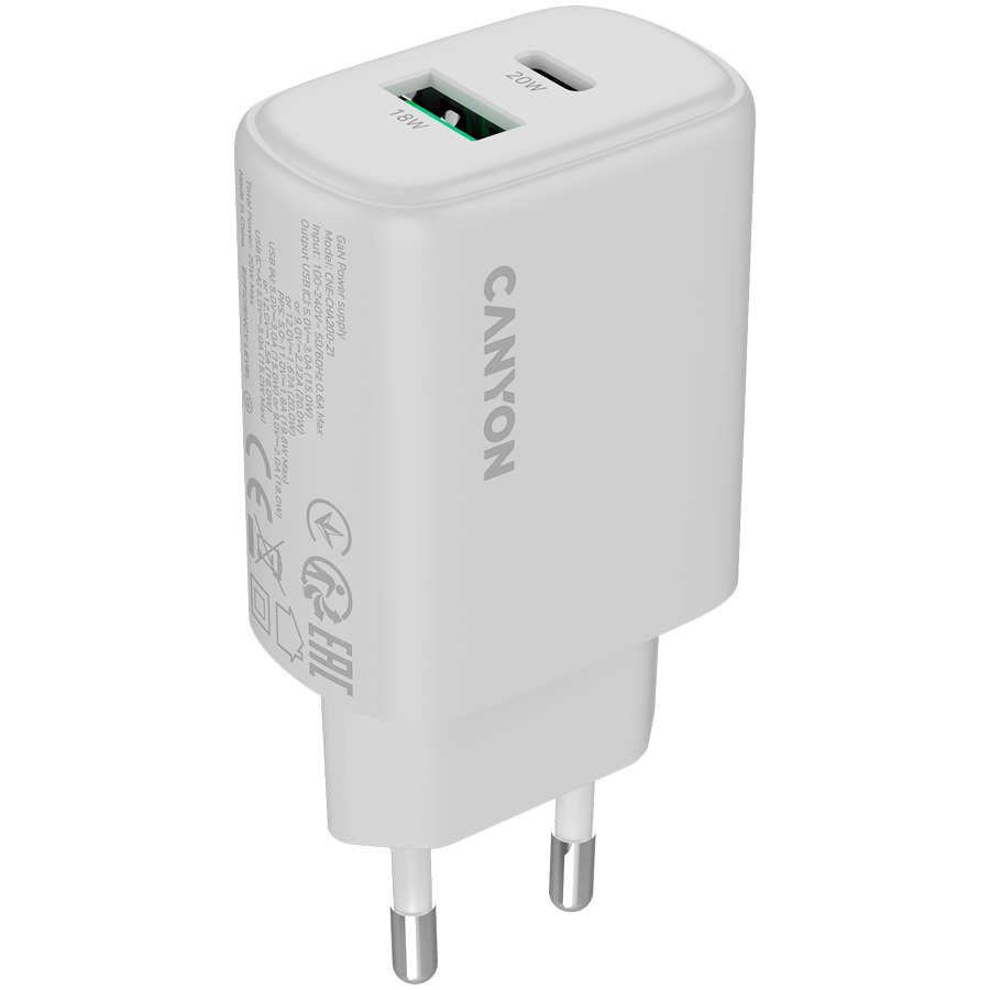 Зарядное устройство CANYON OnCharge 200 1xUSB-A, 1xUSB-C, 20W White (CNE-CHA200-21)