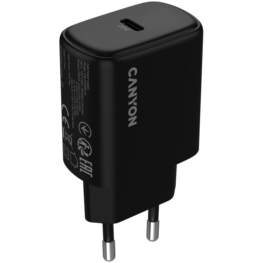 Зарядний пристрій CANYON OnCharge 200 1xUSB-C 20W Black (CNE-CHA200-11)