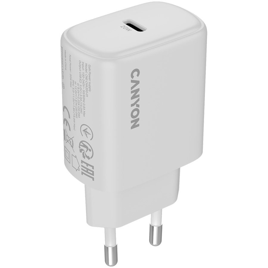 Зарядное устройство CANYON OnCharge 200 1xUSB-C 20W White (CNE-CHA200-01)