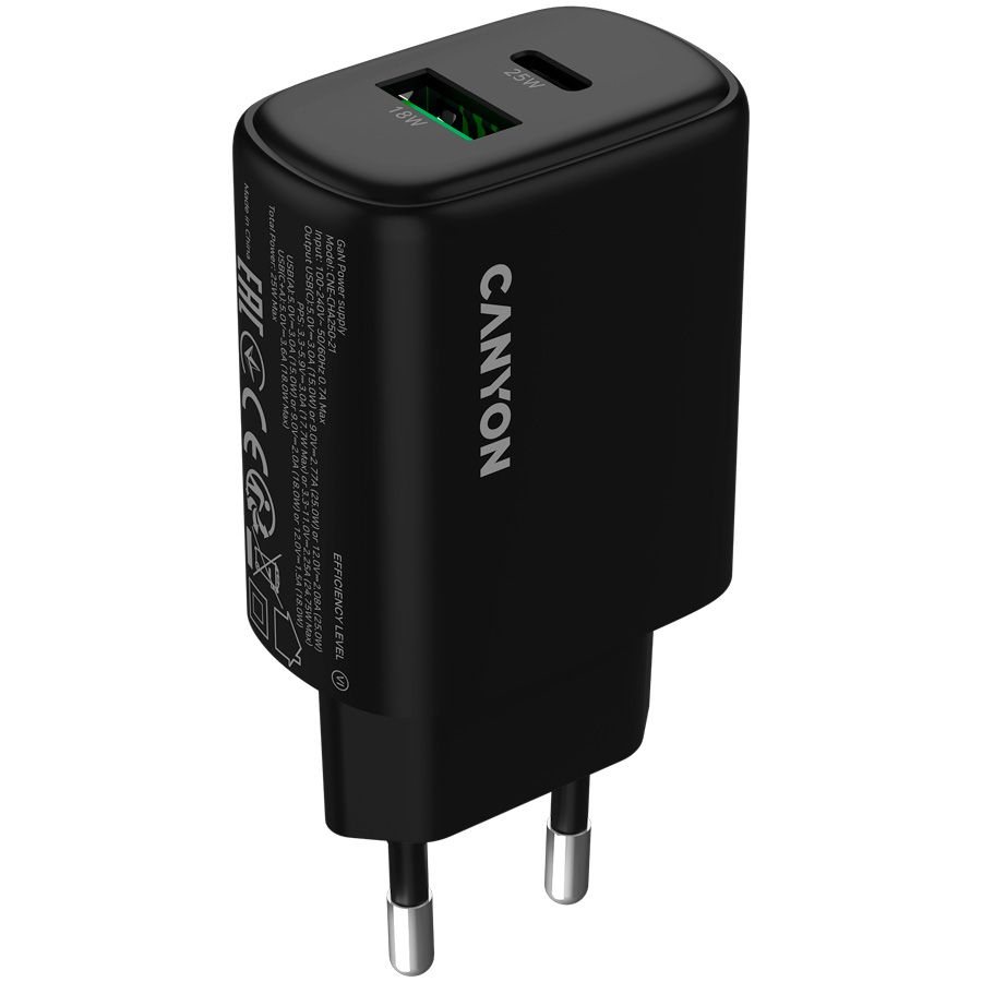 Зарядний пристрій CANYON OnCharge 250 1xUSB-A, 1xUSB-C, 25W Black (CNE-CHA250-31)