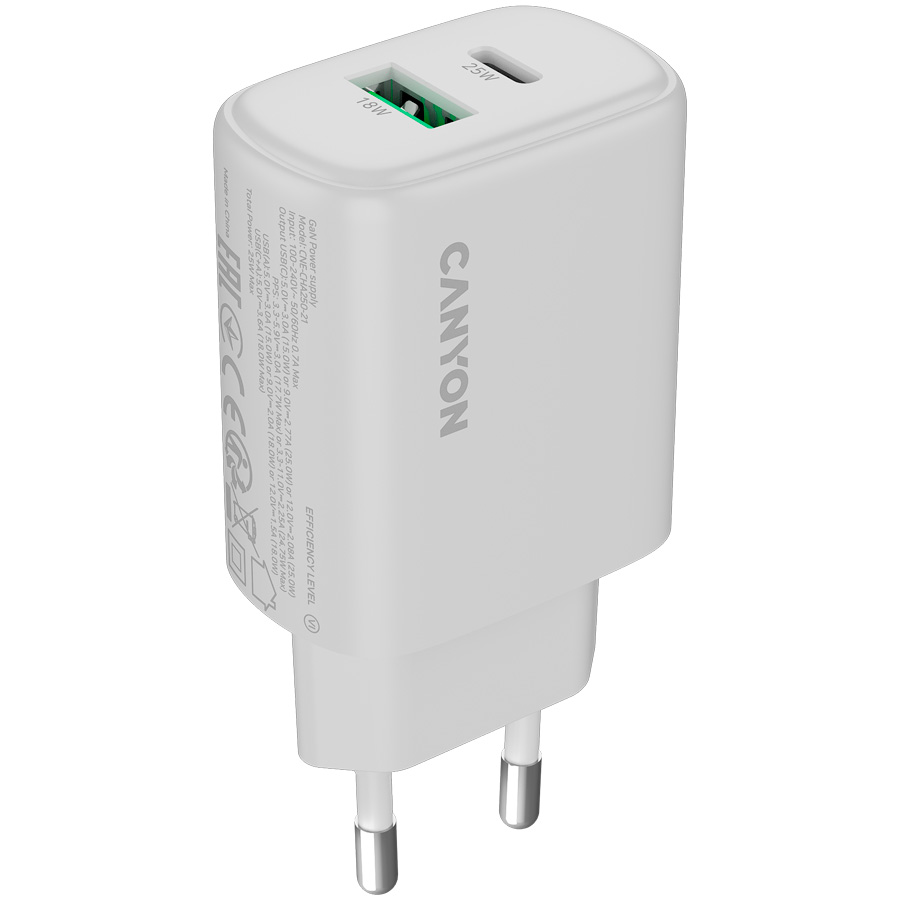 Зарядное устройство CANYON OnCharge 250 1xUSB-A, 1xUSB-C, 25W White (CNE-CHA250-21)