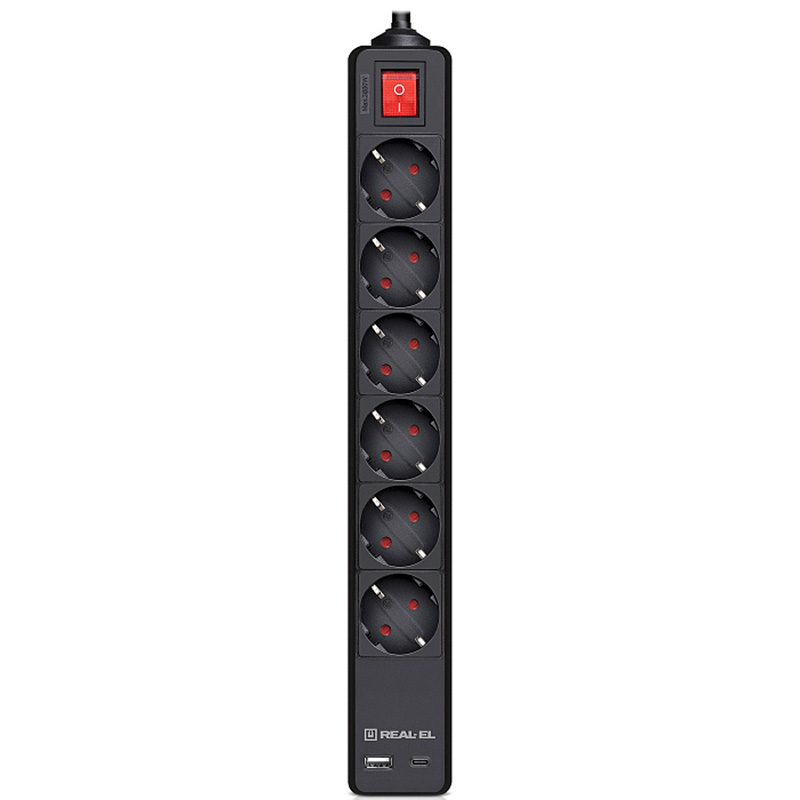 Мережевий фільтр REAL-EL RS-Protect 605 Black, 6 розеток, 1xUSB-C, 1xUSB, 3м (EL122300041)
