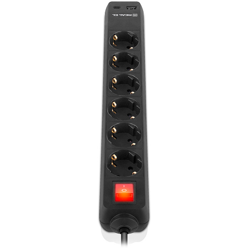 Мережевий фільтр REAL-EL RS-Protect 605 Black, 6 розеток, 1xUSB-C, 1xUSB, 3м (EL122300041)